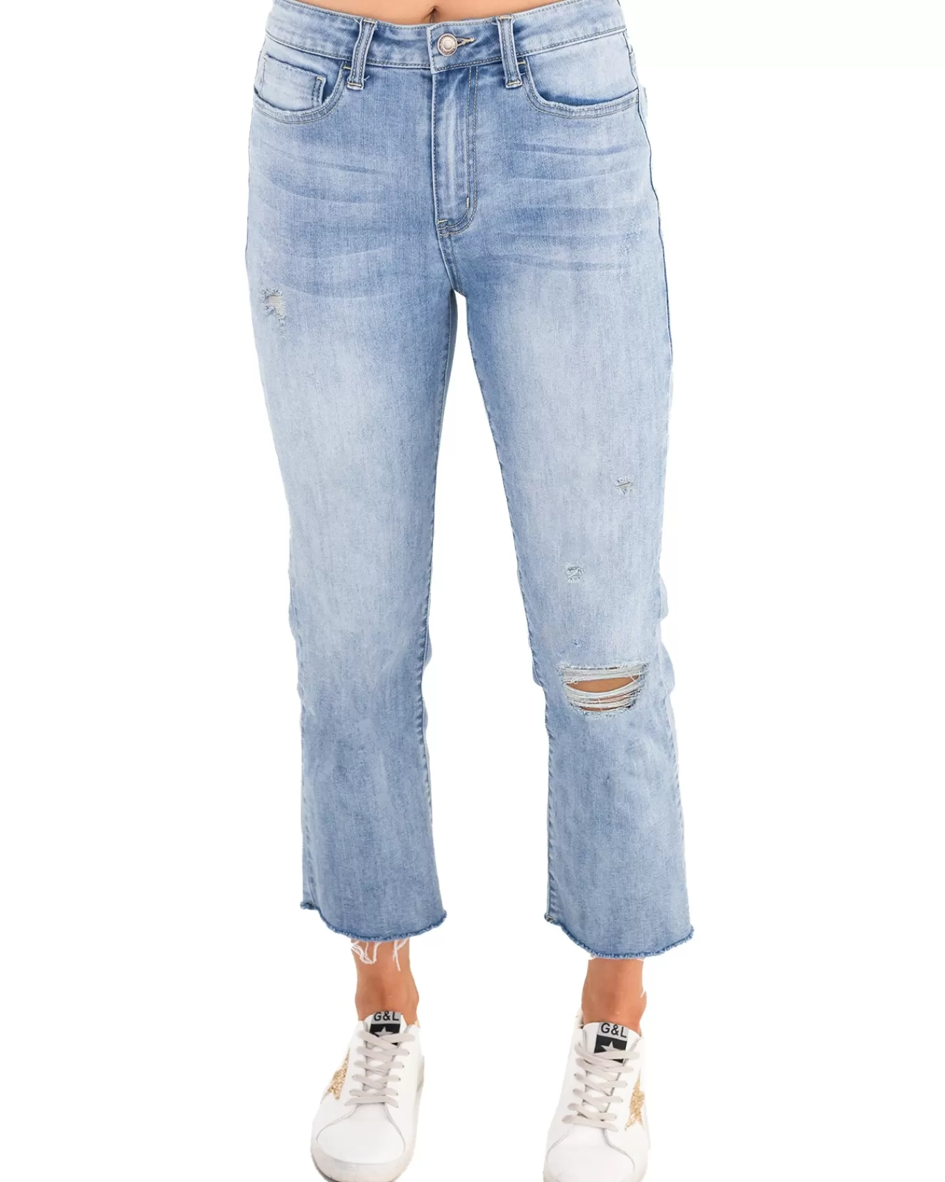 New Mel's Fave Distressed Straight Leg Cropped Denim In Light Mid-Wash - FINAL SALE Jeans + Jeggings