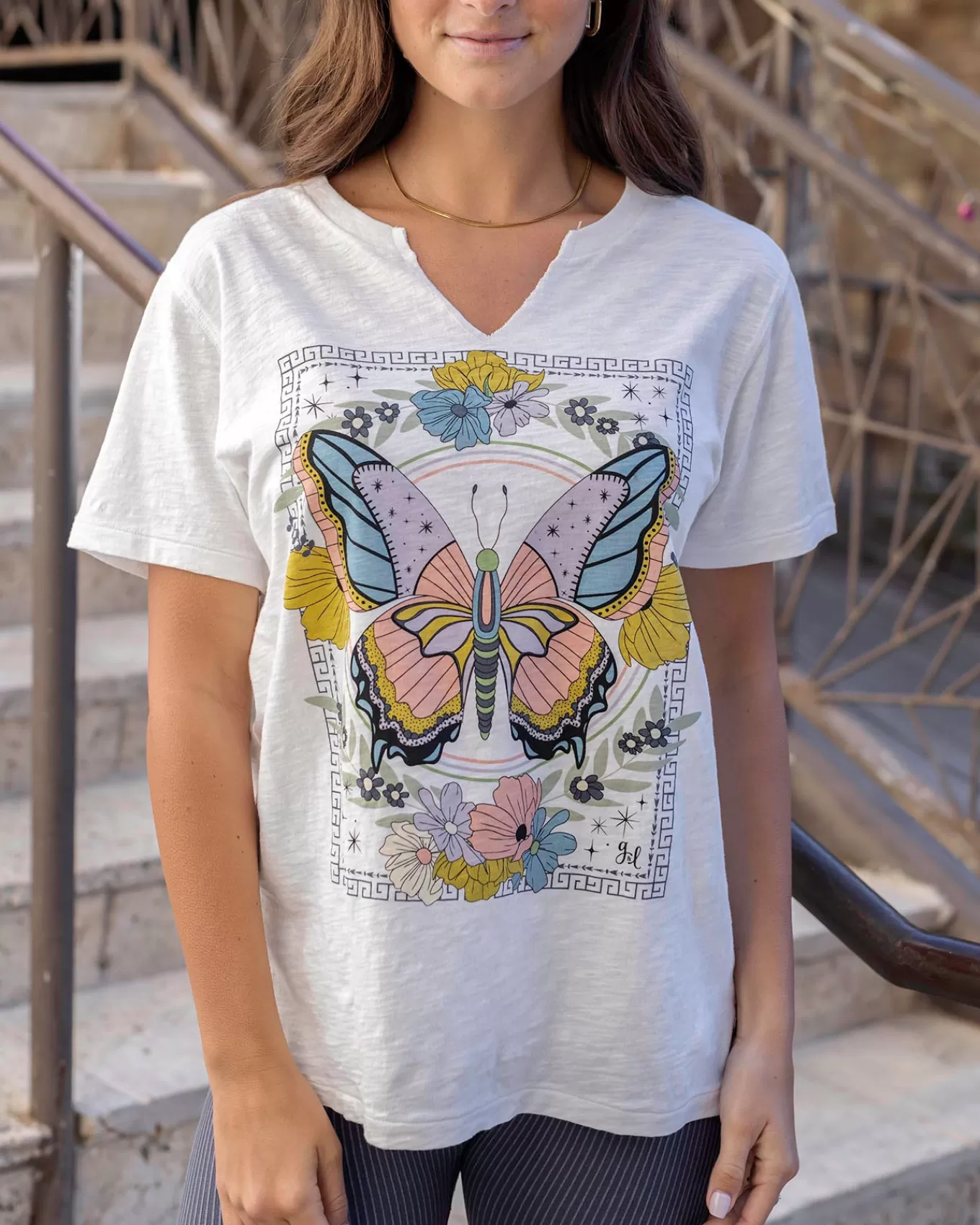 Best Sale Notched Neck Washed & Worn Graphic Tee - - FINAL SALE Graphic Tees